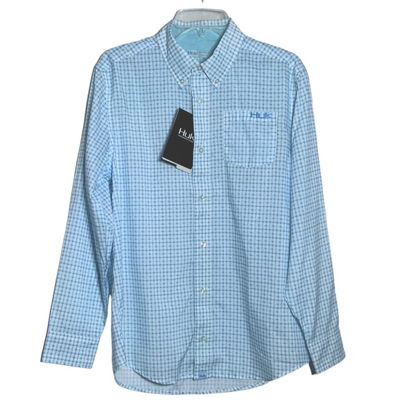 HUK Fishing Shirt Long Sleeve Button Down Vented Santiago Blue White Men's Small - Picture 16 of 16